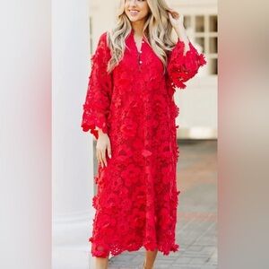Vibrant Red Floral Lace Midi Dress